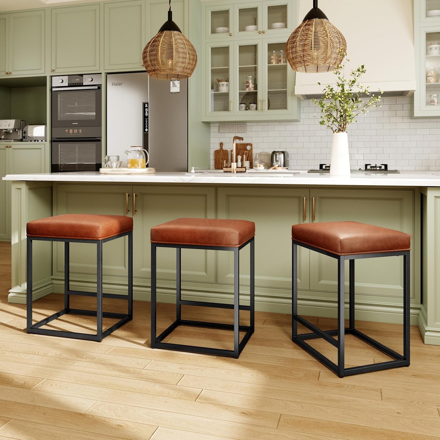Counter Height 24" Bar Stools Set of 2 for Kitchen Counter Backless Modern Barstools Industrial Upholstered Faux Leather Stools Farmhouse Island Chairs, (24 Inch, Brown)