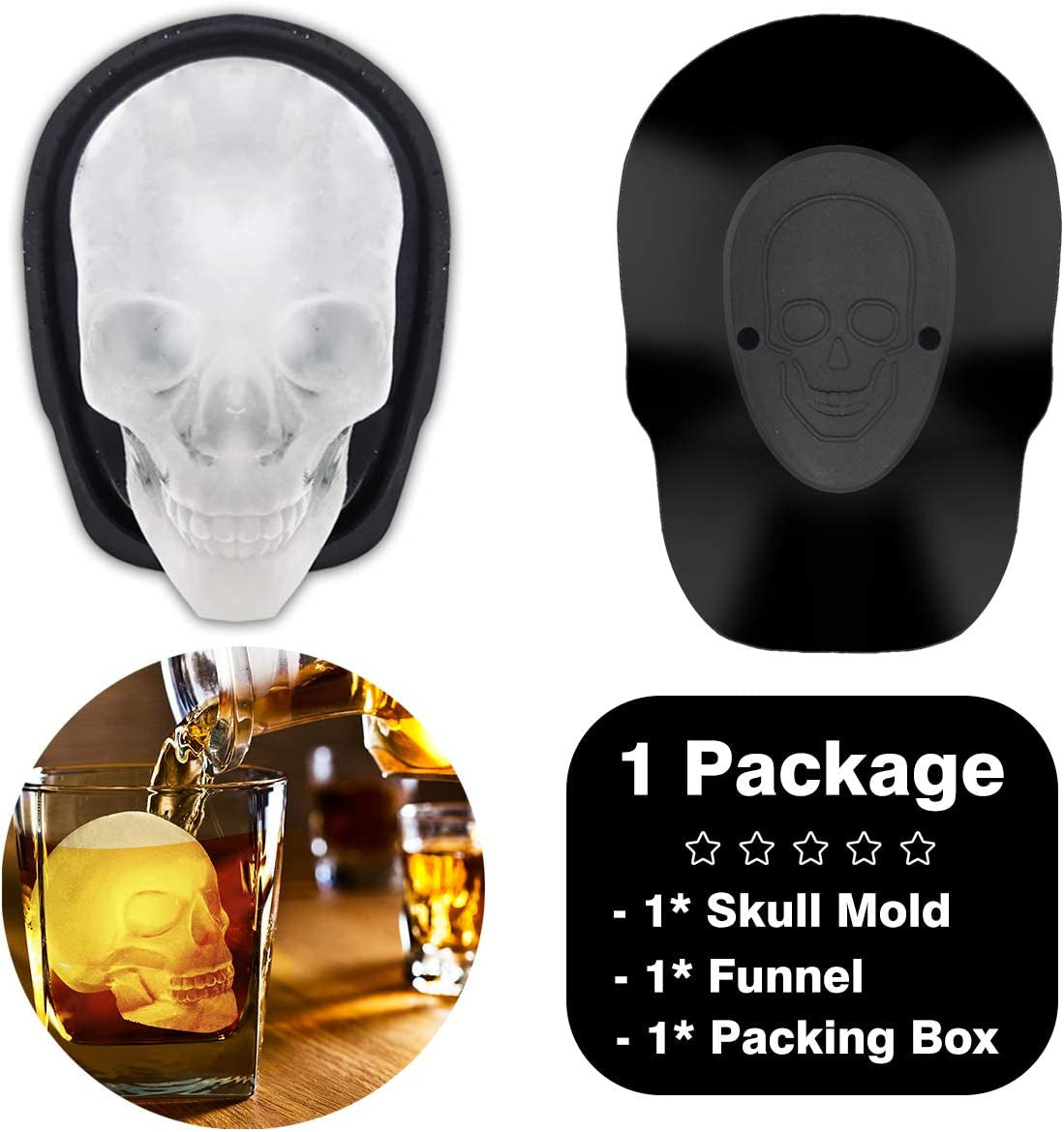 Extra Large 3D Skull Ice Cube Mold - Silicone Ice Molds for Whiskey with Funnel for Big Mouth Cup - Ice Maker with Resin Chocolate Sugar Mold for Parties (1 Pcs)